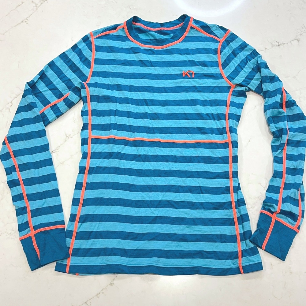 Kari Traa Merino Wool Base Layer Top Women S Blue Striped Long Sleeve Hiking Ski